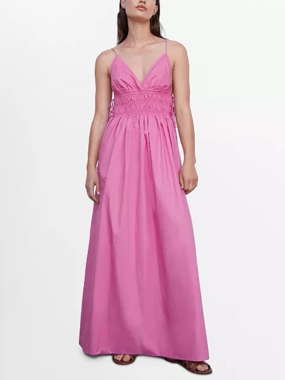 Mango Pink Smocked Waist Spaghetti Strap Maxi Dress
